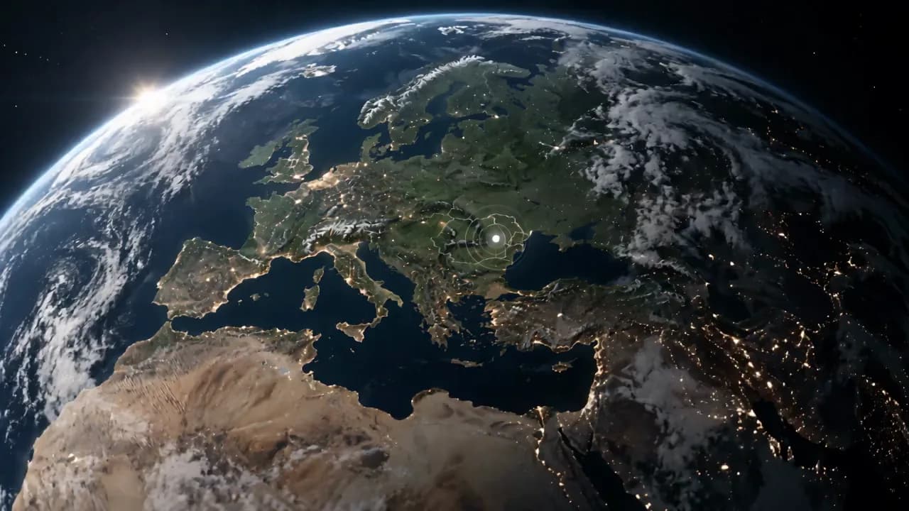 Earth viewed over Europe, with a network origin highlighted in the Arra project film.