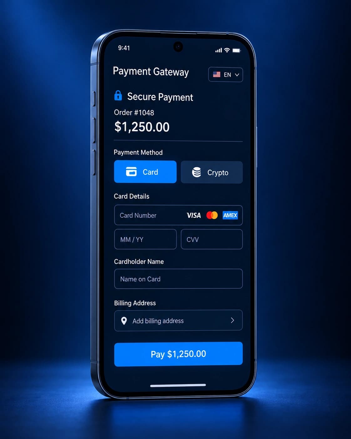 Payment Gateway mobile checkout on a smartphone, with a compact order summary and card payment form.