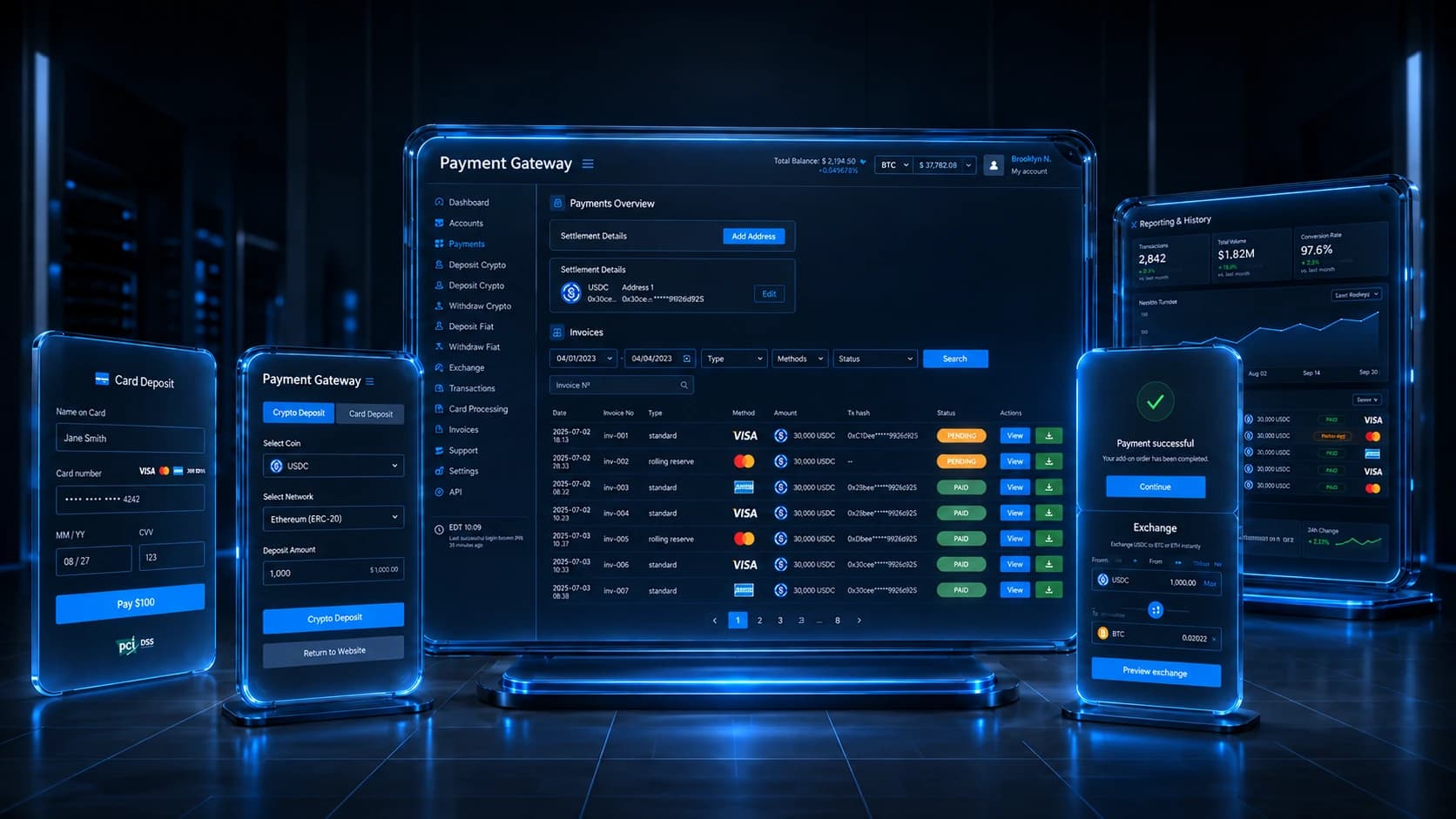 Payment Gateway user dashboard with invoices and reporting graphs, alongside customer payment screens.