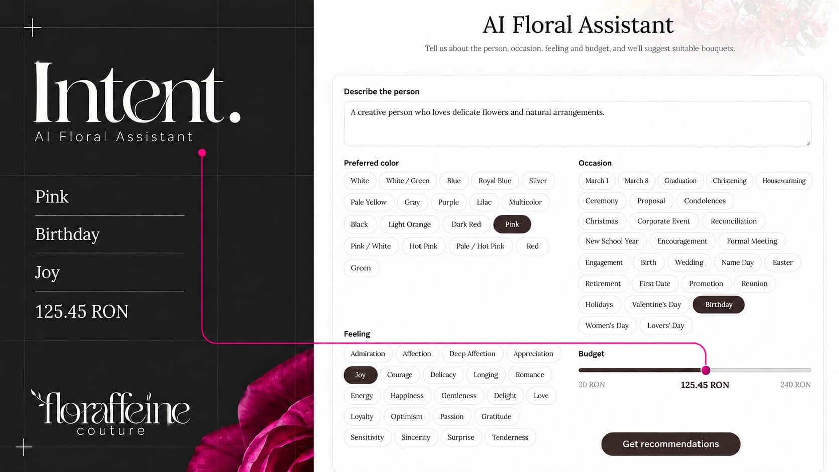English presentation of the Floraffeine floral assistant with recipient, color, occasion, feeling and budget preferences.
