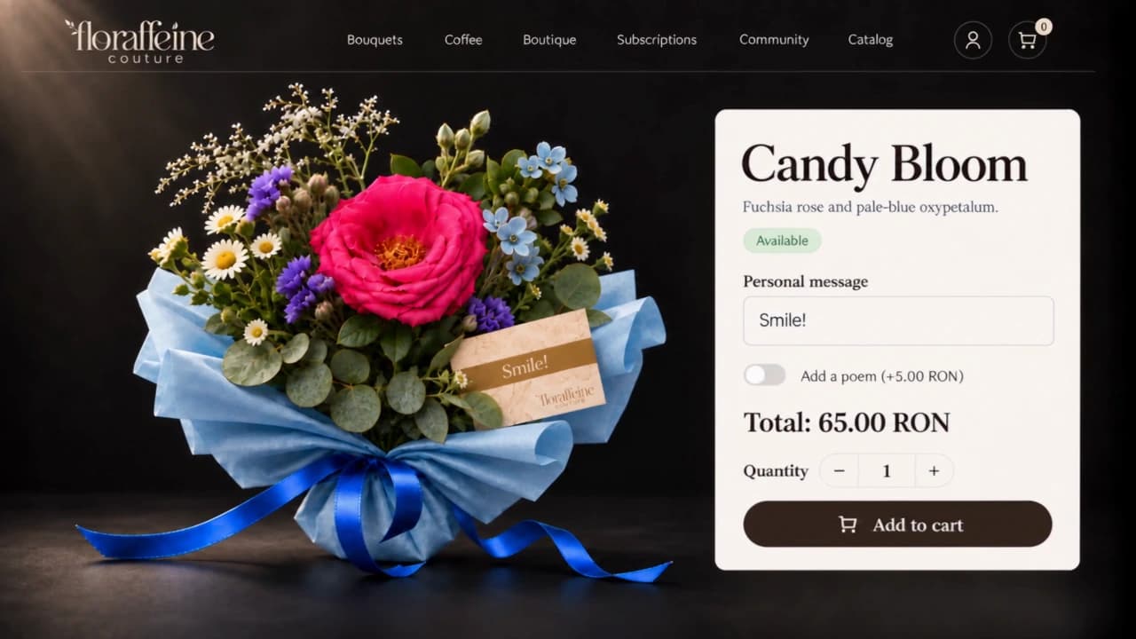 Floraffeine bouquet with personalized wrapping and a message.
