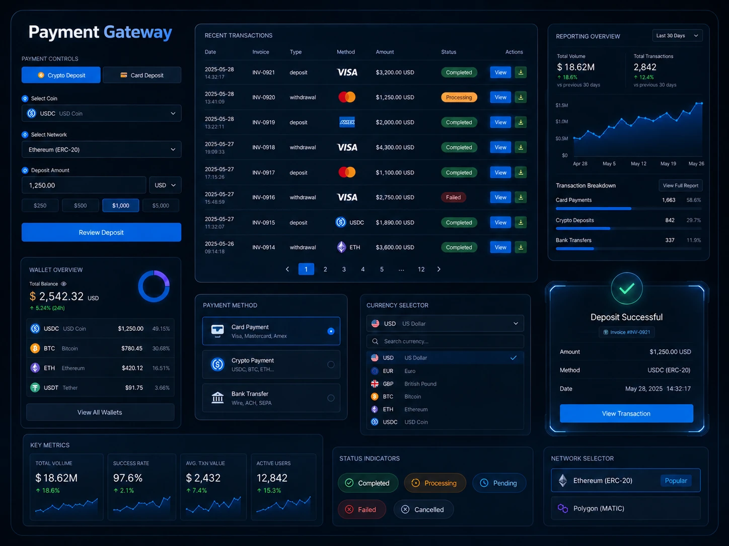 Payment Gateway user dashboard showing wallet balances, a transaction table, reporting graphs and payment status indicators.